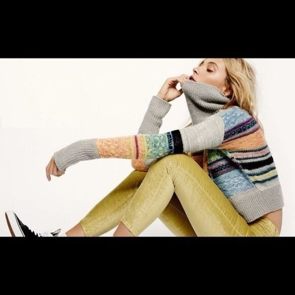 Free People Large This and That Stripe Multicolor Mix Print Knit Turtleneck Swea - Picture 2 of 8